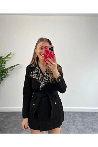 Lady Pixie Дълго дънково яке с колан и каменна яка