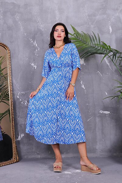 ZEYWEAR Kruvaze Yaka Şal Desen Beli Lastikli Elbise