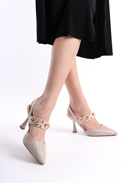 ZİESCE Women's Special Design Straw Trock Belt Detail Banded Nude Heeled Stiletto Shoes