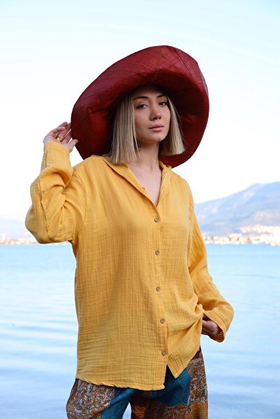 Şaman Butik Sarı Kapüşonlu Müslin Gömlek