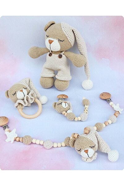 Damla Amigurumi 4'lü Uykucu Ayicik Set - Puset Askısı - Organik Oyuncak - Hediyelik Oyuncak
