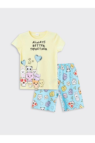LC Waikiki LCW Kids Girl's Pajamas Set with Shorts - Crew Neck, Short Sleeve