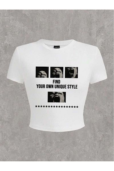 Bengi Clothing Λευκό εμπριμέ γυναικείο Crop Top - Y2k κοντομάνικη μπλούζα