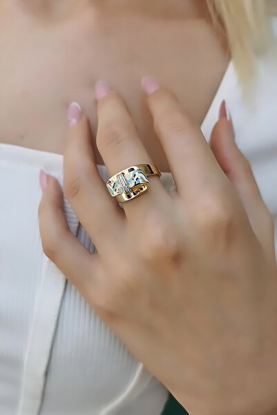 Utku Kuyumculuk 14 AYAR TURKUAZ VE BEYAZ MİNELİ ÖZEL TASARIM İTALYAN ALTIN YÜZÜK