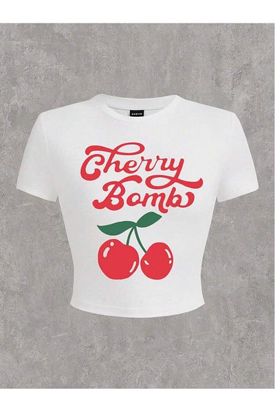 Bengi Clothing White Printed Women's Crop Top - Y2k Short Sleeve Blouse