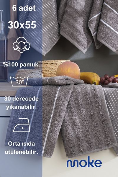 moke e ticaret Hand Face - Kitchen Towel, 30X55 Cm, Cotton Anthracite Pamela Pack of 6
