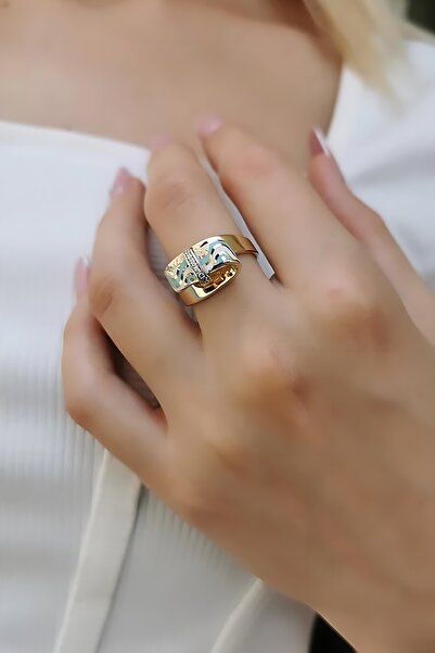 Utku Kuyumculuk 14 AYAR TURKUAZ VE BEYAZ MİNELİ ÖZEL TASARIM İTALYAN ALTIN YÜZÜK