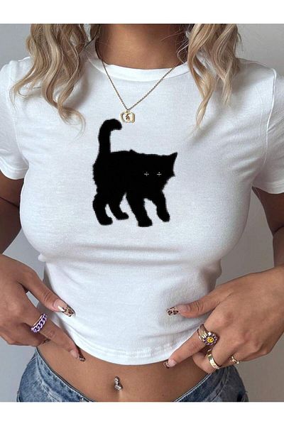 Bengi Clothing Λευκό εμπριμέ γυναικείο Crop Top - Y2k κοντομάνικη μπλούζα