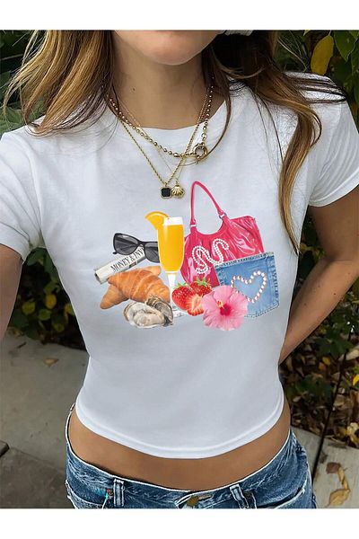 Bengi Clothing Λευκό εμπριμέ γυναικείο Crop Top - Y2k κοντομάνικη μπλούζα