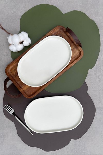 porselenden Stackable Cream 2-Piece 25 cm Medium Size Appetizer Presentation Boat Plate Set