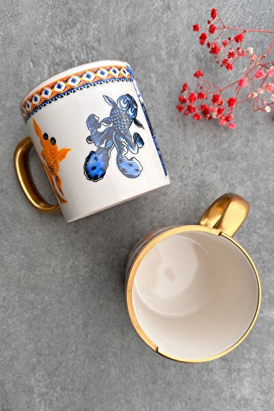porselenden iki Desenli, Çift Desen Gold Fish Serisi 2 Kişilik Porselen Balık Desenli Kupa Seti