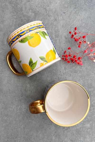 porselenden Two Patterned Double Pattern Lemone Series 2 Person Porcelain Yellow Lemon Patterned Mug Set