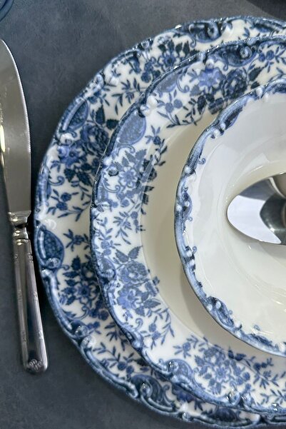porselenden Vintage Blue 6 Kişilik 14 Cm Özel Tasarım Premium Porselen Çorba Kasesi Takımı Mavi