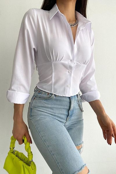 trendalisse Cămașă albă cu corset cu talie elastică pentru femei