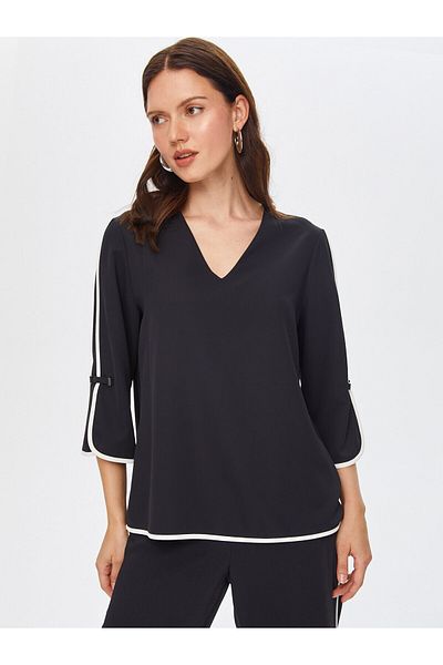 Faik Sönmez Μπλούζα Color Block V-Neck 69135 - Λεπτομερής Αξεσουάρ Μανίκι