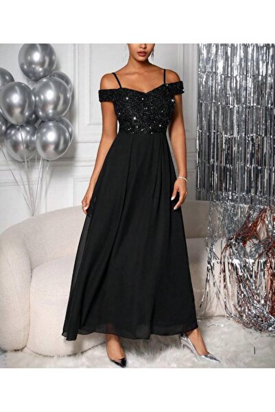 Styling Park Pul Payet Detaylı İnce Askılı Uzun Şifon Elbise