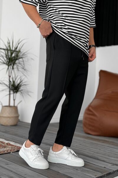 MADZEYMODA Boyfriend Erkek Dikişli Waffle Kumaş Lastikli Bel Siyah Jogger