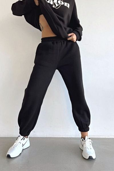 trendalisse Pantaloni de trening negri din fleece cu talie înaltă pentru femei