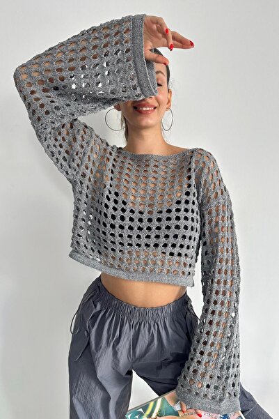 trendalisse Γυναικεία γκρι μπλούζα με δαντελωτή πλέξη τρύπες, κομμένη πλεκτή ...