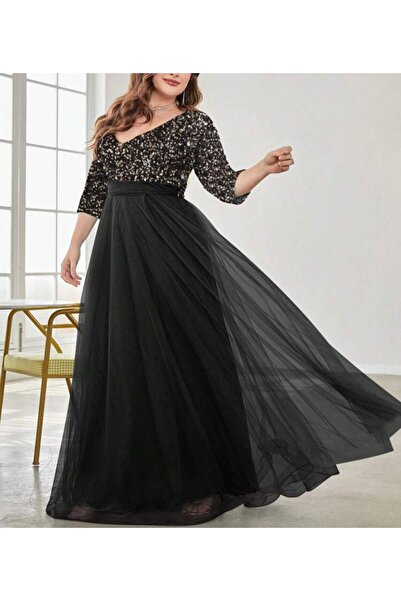 Styling Park Pul Payet Detaylı Truvakar Kol V Yaka Uzun Şifon Abiye Elbise