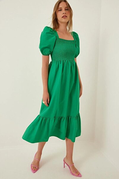 trendalisse فستان نسائي صيفي بتصميم بودروم بأكمام بالون وأكمام باللون الأخضر