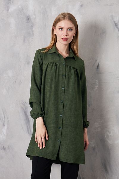 Giyim Gezegeni Women's Imported Linen Tunic Shirt with Gathered Front and Elastic Sleeves