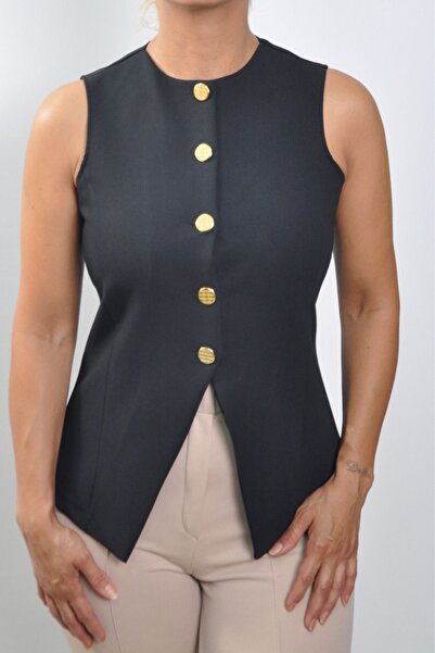 trendalisse Women's Crew Neck Carina Gold Buttoned Triangle Woven Vest