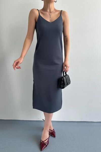 trendalisse Rochie de vară midi antracit cu decolteu în V - curea de frânghie