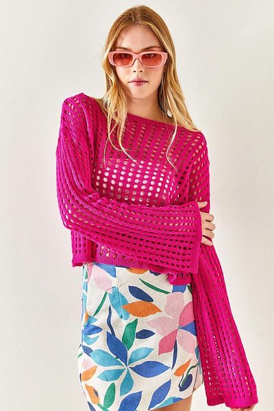 Elizan WOMEN'S SPANISH SLEEVE BUCKLE HOLE CROP FUCHIA