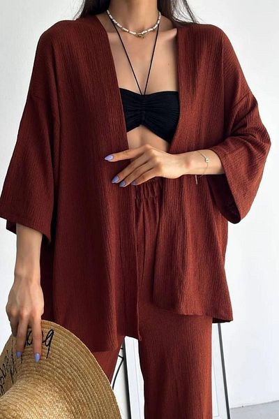 trendalisse Women's Brown Wide Leg Palazzo Top and Bottom Set