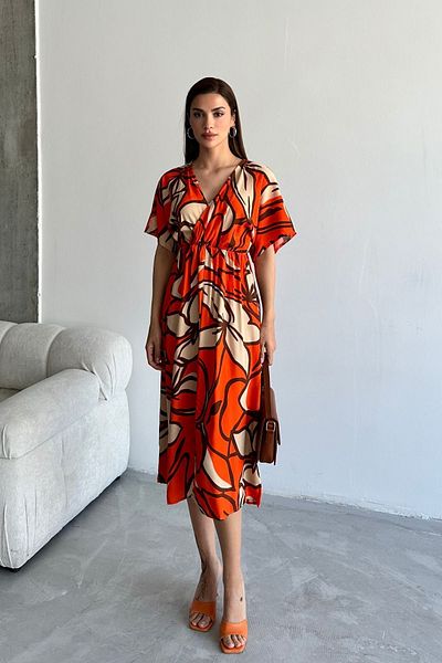 trendalisse Rochie de vară, portocalie, cu decolteu în V, lungă în față, din viscoză