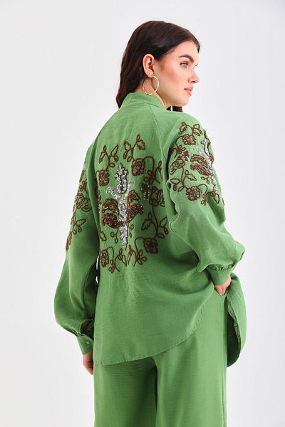 Miss Allos Linen Kimono Jacket and Trousers Set - Sequin Embroidered on the Back and Sleeves