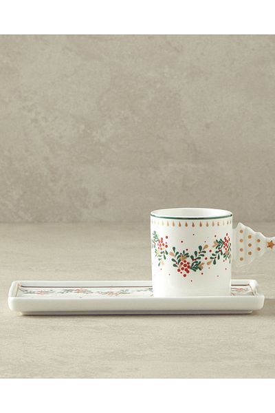 English Home Green and Red Bone China Coffee Cup Set with Tray - Christmas Tree