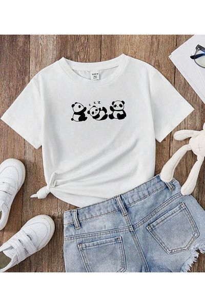 YUNAYT Tricou pentru copii cu imprimeu alb mici panda