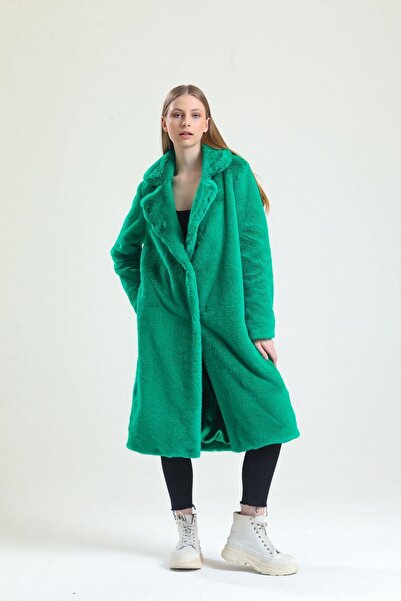 KürkZone Kadın Yeşil Ingiliz Yaka Mavi Rex Kürk Peluş Manto