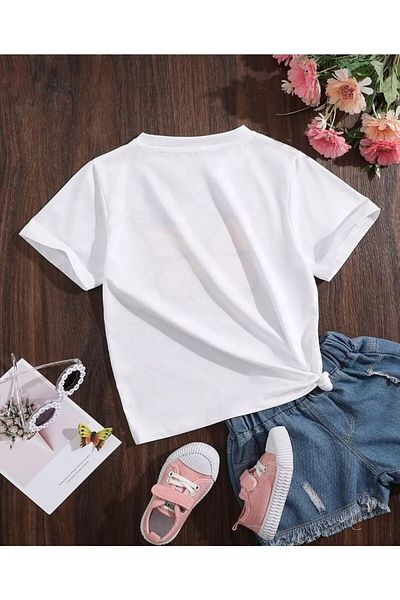 YUNAYT Tricou pentru copii, alb, roz, cu imprimeu fluture
