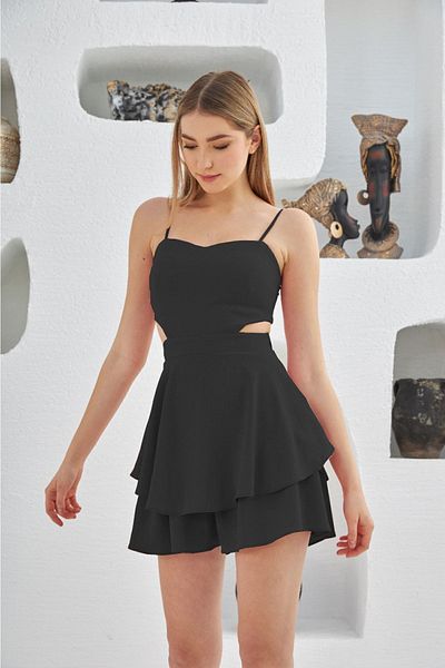 FASHION COCKTAIL Side Window Back Elastic Strap Dress Look Night Cocktail Shorts Jumpsuit Black