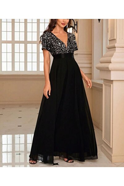 Styling Park Üstü Payet Eteği Şifon Kısa Kollu Maxi Abiye Elbise