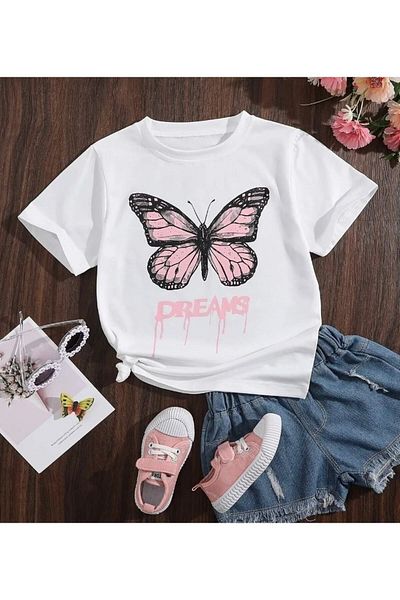 YUNAYT Tricou pentru copii, alb, roz, cu imprimeu fluture