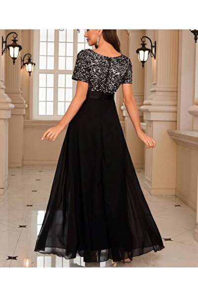 Styling Park Üstü Payet Eteği Şifon Kısa Kollu Maxi Abiye Elbise