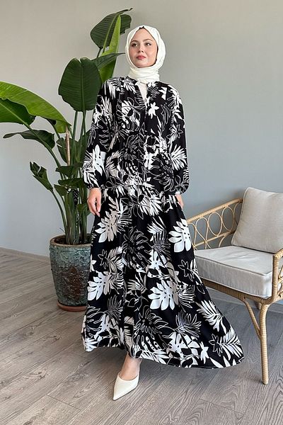 InStyle Black Viscose - Balloon Sleeve and Palm Patterned Dress