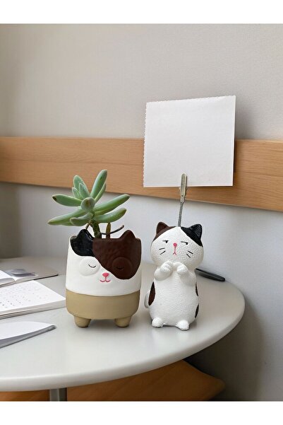 Perazayn Utangaç Kedi Temalı Not Tutucu ve Kedi Saksı Seti Hediyelik Ofis seti