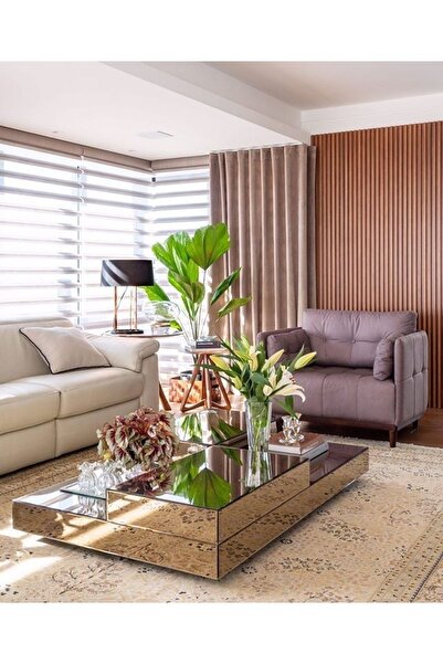 LUXURY VİLLA Luxury Bronz Aynalı Tekerlekli Orta Sehpa 120x65 Yükseklik 28