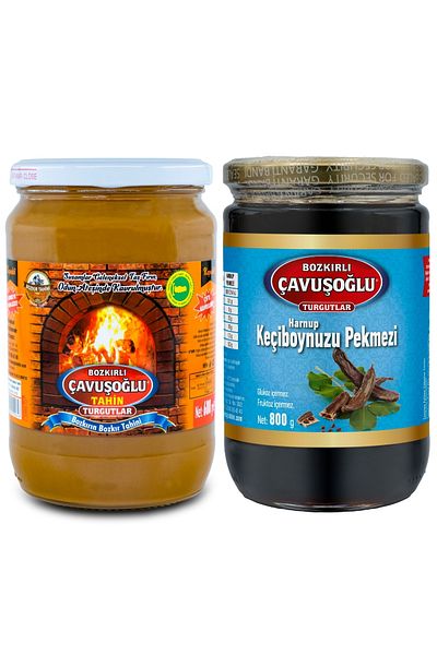Bozkırlı Çavuşoğlu Steppe Tahini Glass Jar with Bran in Wood Fire 600g Carob Molasses Glass Jar 800g