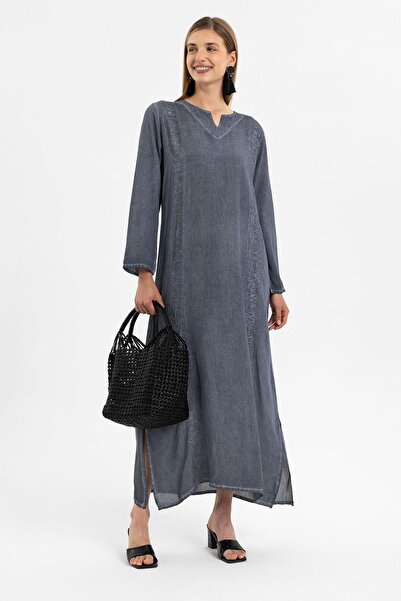 Deriderim Довга сукня з довгими рукавами, сіра, з вишивкою, бавовняна - без підкладки