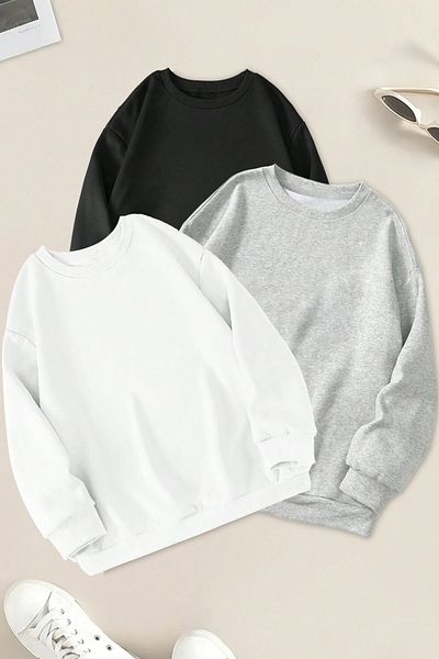 MODAGEN 3-teiliges Unisex-Sweatshirt in Übergröße mit Rundhalsausschnitt in Schwarz, Weiß und Grau