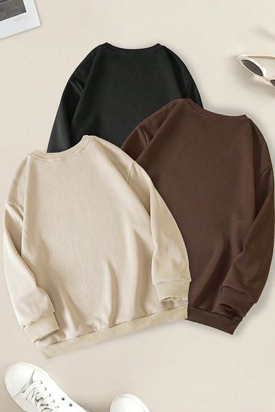 MODAGEN Unisex oversize mikina Set 3 kusů - hnědá, černá, béžová, s výstřihem