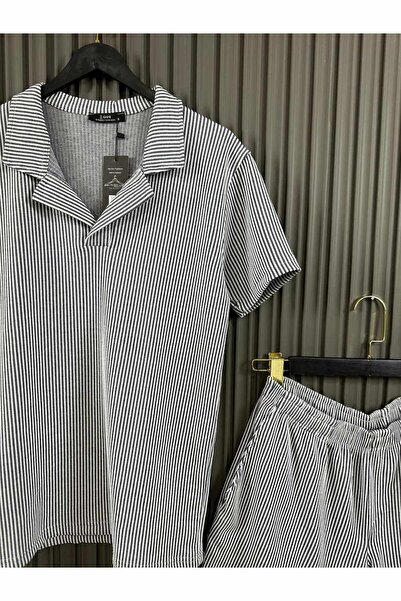 NO 601 Ανδρικό ριγέ ριγέ ύφασμα Navy - Άνετο σετ 3 τεμαχίων T-shirt Παντελόνι