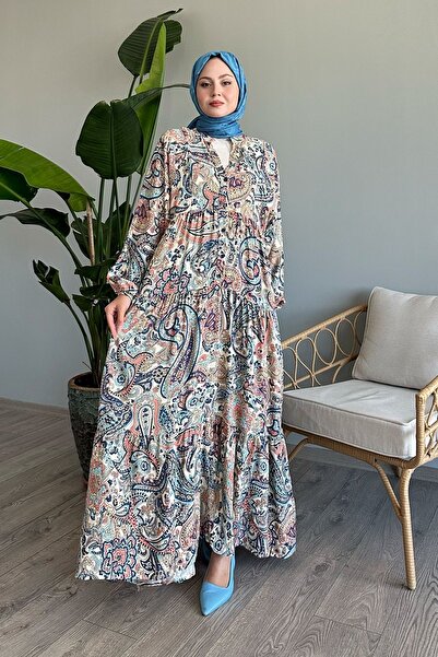 InStyle Modré viskózové šaty - balónový rukáv a vzor šatky