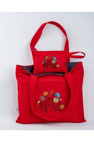 Wings Of Simurg Butikmutik - Red Embroidered Ferret Garden Zippered Canvas Tote Bag and Wallet